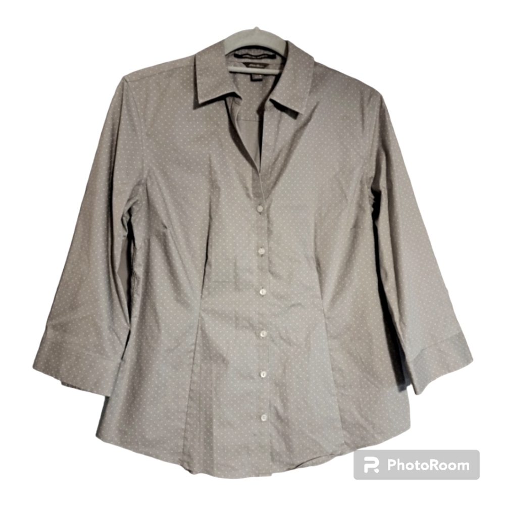 Eddie Bauer Gray Dots Button Down Blouse 3/4 sleeves Wrinkle Free Sz M